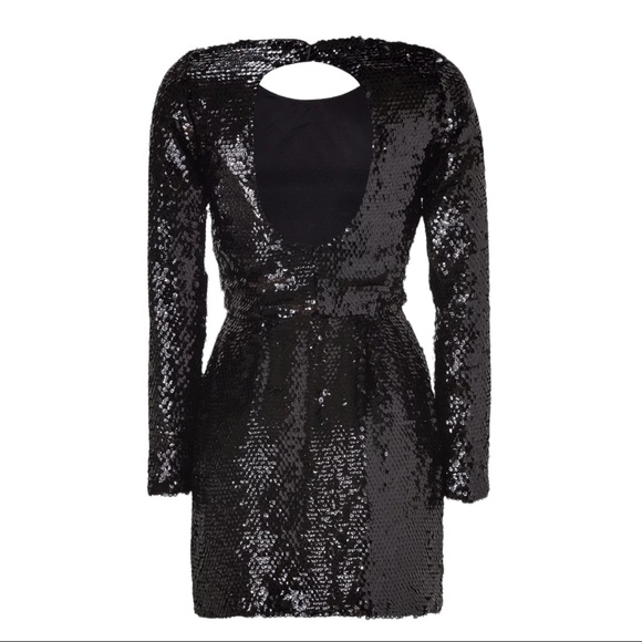 Rachel Zoe Long Sleeve Black Sequined Mini Dress Open Back $450 Retail Size 8 - Picture 4 of 12